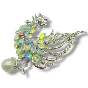 Elegant Silver Rooster Aurora Borealis Rhinestone Crystal Feathers Pearl Brooch